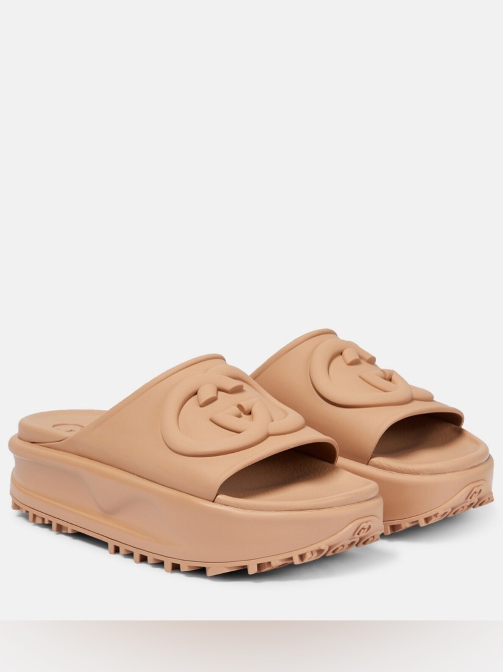 New Gucci GG Beige Camel Rubber Logo Platform Slide Sandals